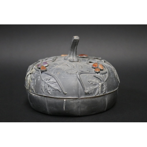 71 - Antique Japanese pewter pumpkin box, with applied hardstone decoration to cover, approx 16 cmdia