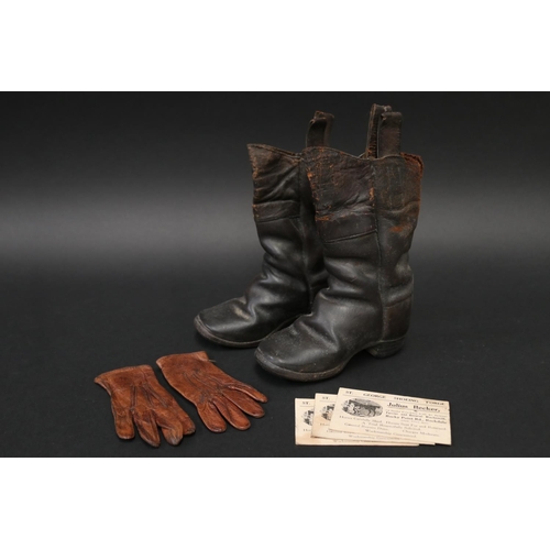 76 - Rare pair of antique 19th century child's leather boots, and gloves, along with early Rockdale Sydne... 