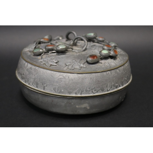 79 - Antique Japanese pewter circular box, with applied hardstone decoration to cover, approx 11cm H x 20... 