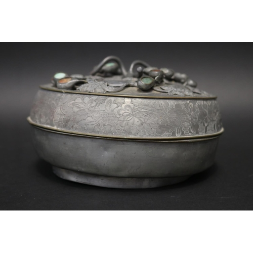 79 - Antique Japanese pewter circular box, with applied hardstone decoration to cover, approx 11cm H x 20... 