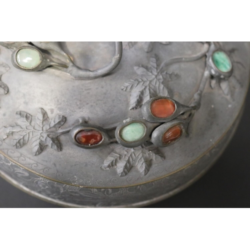 79 - Antique Japanese pewter circular box, with applied hardstone decoration to cover, approx 11cm H x 20... 