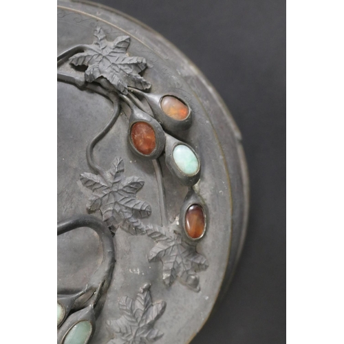 79 - Antique Japanese pewter circular box, with applied hardstone decoration to cover, approx 11cm H x 20... 