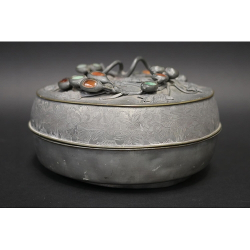 79 - Antique Japanese pewter circular box, with applied hardstone decoration to cover, approx 11cm H x 20... 