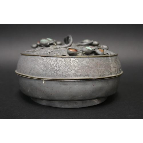 79 - Antique Japanese pewter circular box, with applied hardstone decoration to cover, approx 11cm H x 20... 