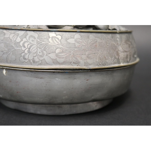 79 - Antique Japanese pewter circular box, with applied hardstone decoration to cover, approx 11cm H x 20... 