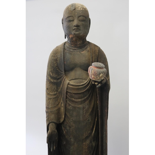 84 - Antique 12th century Japanese Jizo bodhisattva standing wood figure Buddha. Kamakura period (1185–13... 