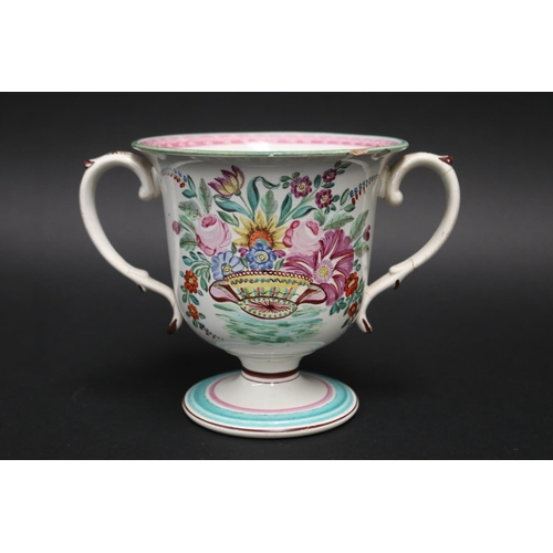 94 - Antique pearlware hand painted twin handled loving cup, William Eyre 1830, frog to the interior, A/F... 