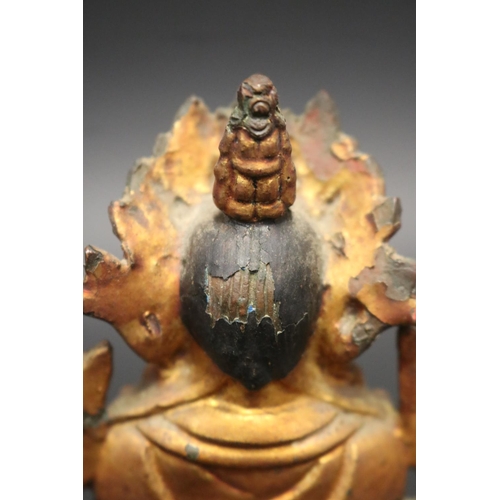 99 - Antique 18th/19th century Tibetan Amitayus bronze Buddha, holding the vase of long life between his ... 