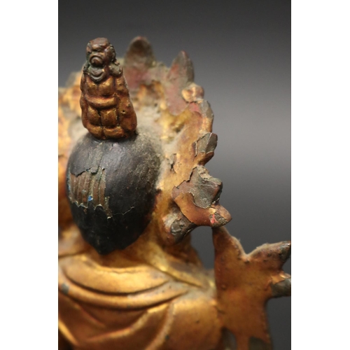 99 - Antique 18th/19th century Tibetan Amitayus bronze Buddha, holding the vase of long life between his ... 