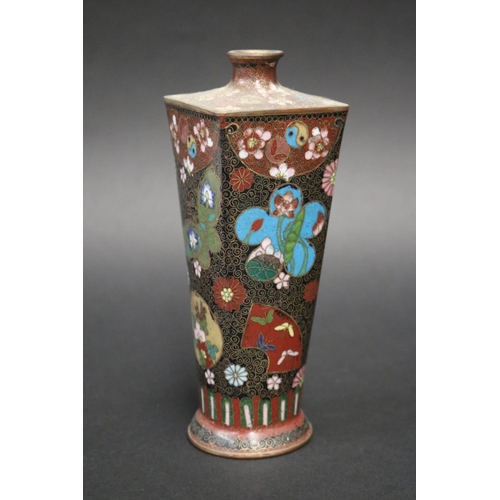 107 - Fine antique Japanese cloisonne enamel square tapering vase, approx 15cm H