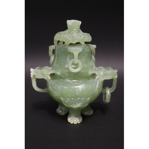 133 - Early 20th century Asian carved pale green jade lidded censer, mask head drop rings, approx 17cm H x... 