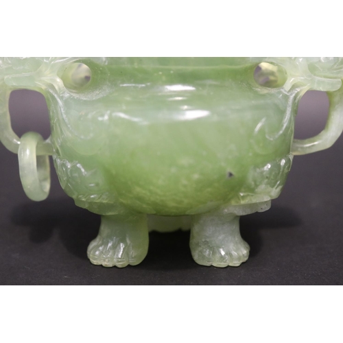 133 - Early 20th century Asian carved pale green jade lidded censer, mask head drop rings, approx 17cm H x... 