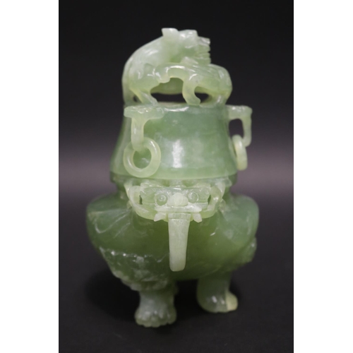 133 - Early 20th century Asian carved pale green jade lidded censer, mask head drop rings, approx 17cm H x... 