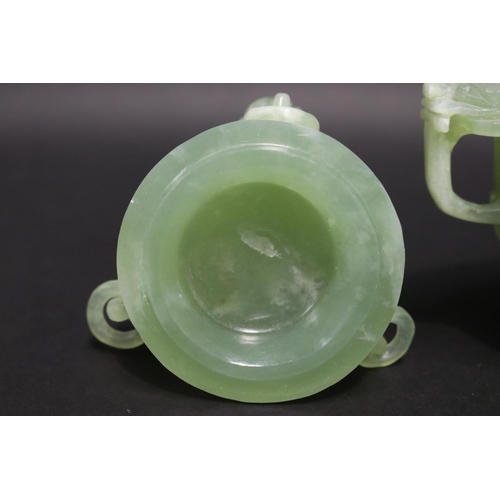 133 - Early 20th century Asian carved pale green jade lidded censer, mask head drop rings, approx 17cm H x... 