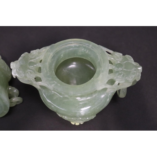 133 - Early 20th century Asian carved pale green jade lidded censer, mask head drop rings, approx 17cm H x... 