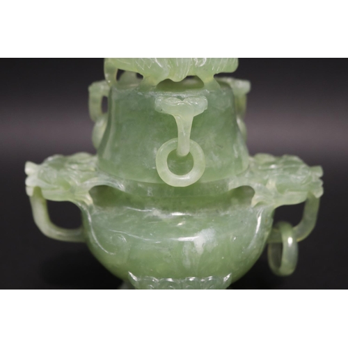 133 - Early 20th century Asian carved pale green jade lidded censer, mask head drop rings, approx 17cm H x... 