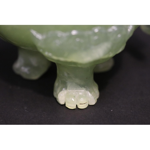 133 - Early 20th century Asian carved pale green jade lidded censer, mask head drop rings, approx 17cm H x... 