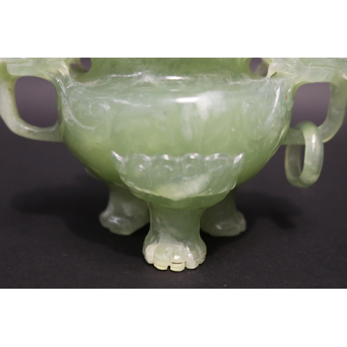 133 - Early 20th century Asian carved pale green jade lidded censer, mask head drop rings, approx 17cm H x... 