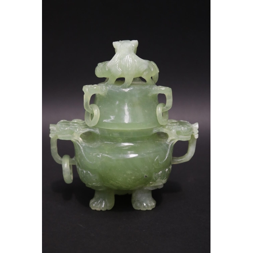 133 - Early 20th century Asian carved pale green jade lidded censer, mask head drop rings, approx 17cm H x... 