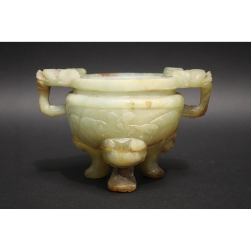 134 - Chinese jade tri legged censer, with double lion mask handles, no lid, approx 13cm H x 18cm W