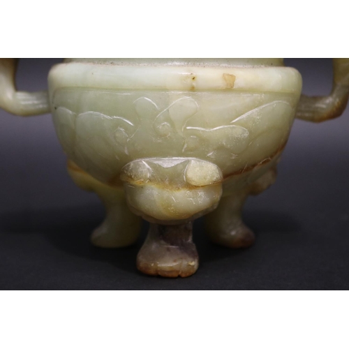 134 - Chinese jade tri legged censer, with double lion mask handles, no lid, approx 13cm H x 18cm W