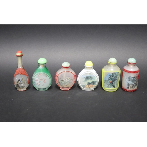 137 - Six Chinese over lay glass reverse painted snuff bottles, approx 9cm H and shorter (6)