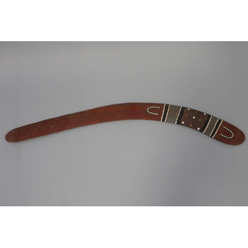 3044 - Allan Jungala, Australian Aboriginal, painted hardwood boomerang, 71 cm long