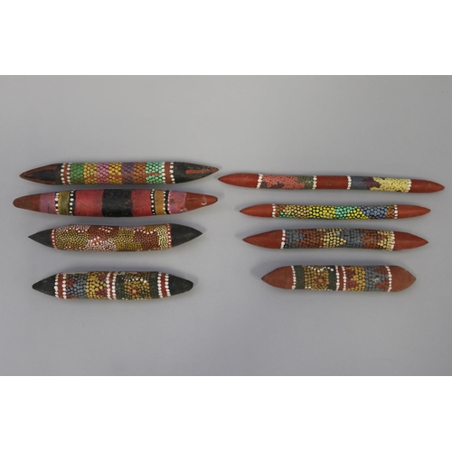 3075 - Nappery Station, collection of eight painted Aboriginal music sticks longest 26 cm (8)