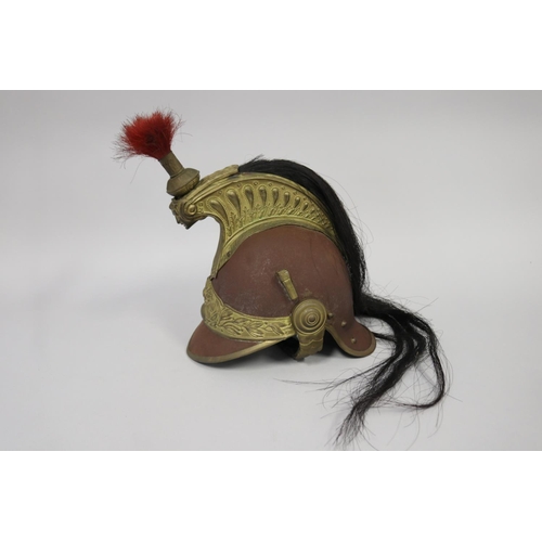 20 - Antique French Model 1874 Cuirassier helmet, having a steel skull the high brass comb with black hor... 