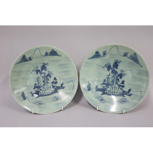 23 - Pair of antique Chinese celadon blue & white plates, each approx 28.5cm dia (2)
