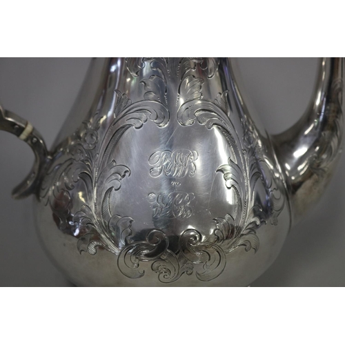 32 - Antique English early Victorian sterling silver coffee pot, engraved with R & MB To W & CB, London 1... 