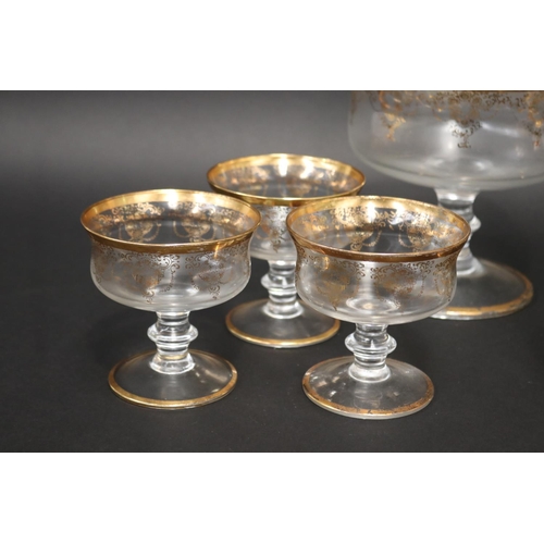 34 - Gilt decorated glass dessert service, comprising a comport and five comport dishes, approx 18cm H x ... 