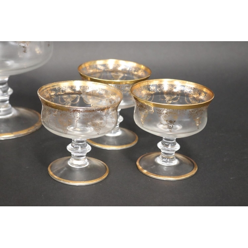 34 - Gilt decorated glass dessert service, comprising a comport and five comport dishes, approx 18cm H x ... 