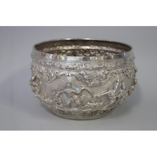 49 - Large antique Burmese Myanmar silver Thabeik bowl repousse decoration in high relief, depicting diff... 