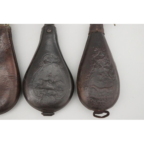 58 - Four antique leather & brass powder flasks, each approx 21cm L (4)