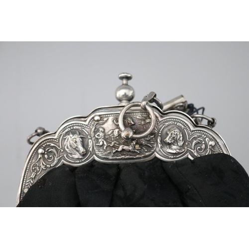61 - Antique French Depose silver plate house keepers / ladies purse with later black material body and w... 