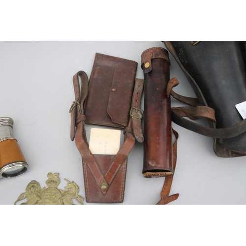 67 - Good selection of English and Australian military items, to include leather covered glass bottle, WW... 