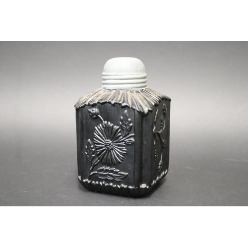 101 - Antique black pressed glass tea caddy with pewter screw lid, Possibly Davidson or Sowbery glass,  ap... 