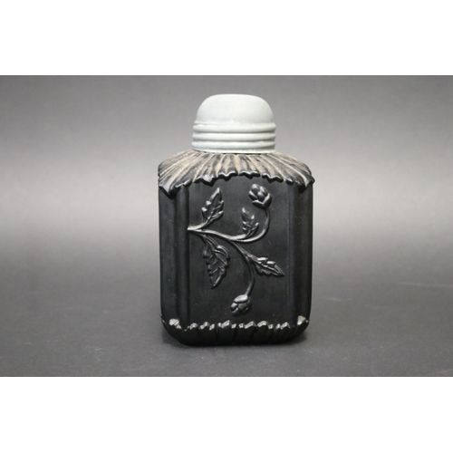 101 - Antique black pressed glass tea caddy with pewter screw lid, Possibly Davidson or Sowbery glass,  ap... 