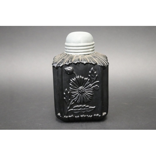 101 - Antique black pressed glass tea caddy with pewter screw lid, Possibly Davidson or Sowbery glass,  ap... 