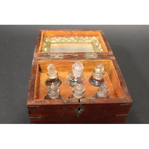 103 - Antique six bottle perfume box, with brass banding, approx 10cm H x 15cm W x 12cm D