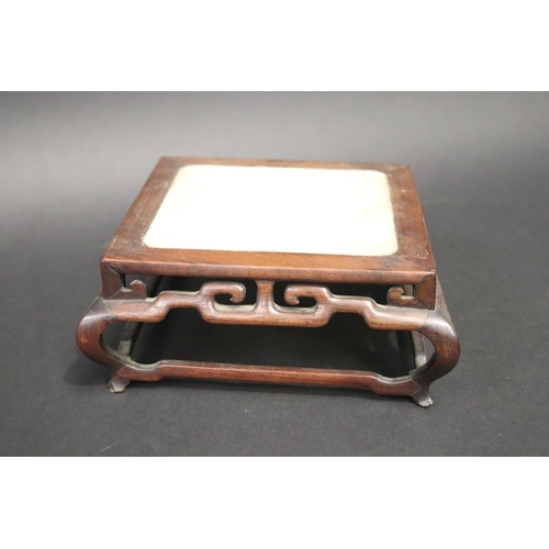 110 - Antique Chinese hardwood (hongmu) marble inset carved stand, approx 8cm H x 21cm Sq