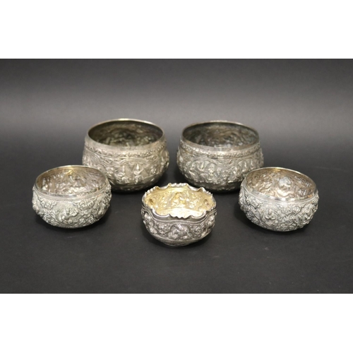 111 - Lot of five South East Asian silver bowls, approx 8cm H x 13cm Dia and smaller and approx 621 grams.... 