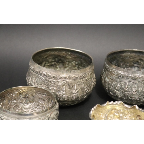 111 - Lot of five South East Asian silver bowls, approx 8cm H x 13cm Dia and smaller and approx 621 grams.... 