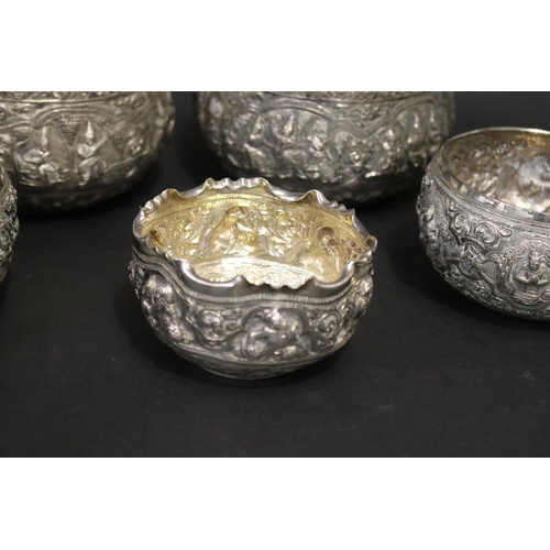 111 - Lot of five South East Asian silver bowls, approx 8cm H x 13cm Dia and smaller and approx 621 grams.... 