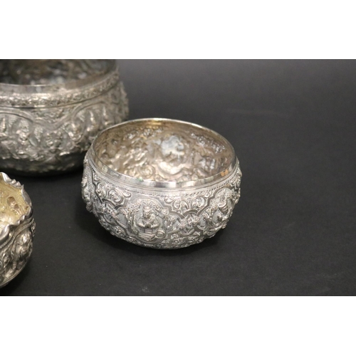 111 - Lot of five South East Asian silver bowls, approx 8cm H x 13cm Dia and smaller and approx 621 grams.... 