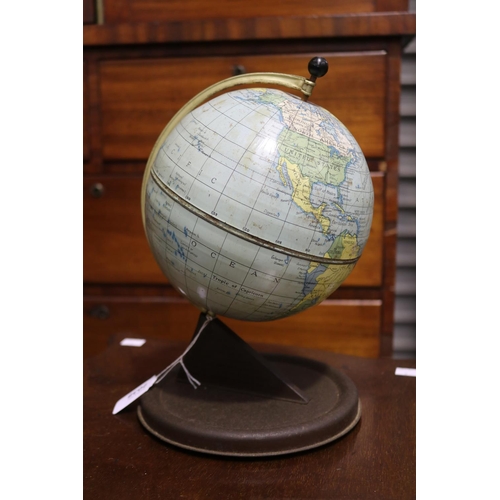 296 - Vintage Chad valley tin world globe on stand, approx 28cm H x 20cm dia