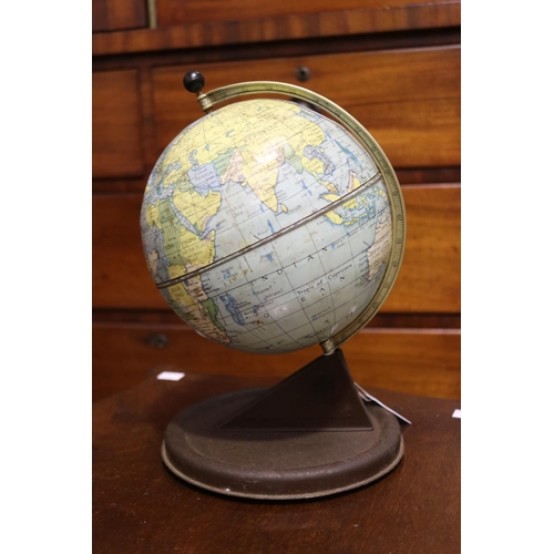 296 - Vintage Chad valley tin world globe on stand, approx 28cm H x 20cm dia