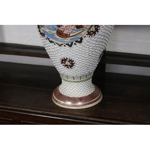 303 - Impressive large antique Japanese pottery baluster floor vase, painted in raised enamel panels of Sa... 