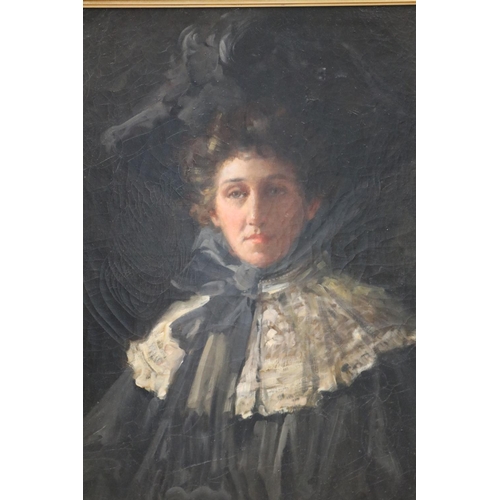 306 - John Samuel Watkins (1866-1942) Australia, unknown sitter, lady in a black plume hat, white lace col... 